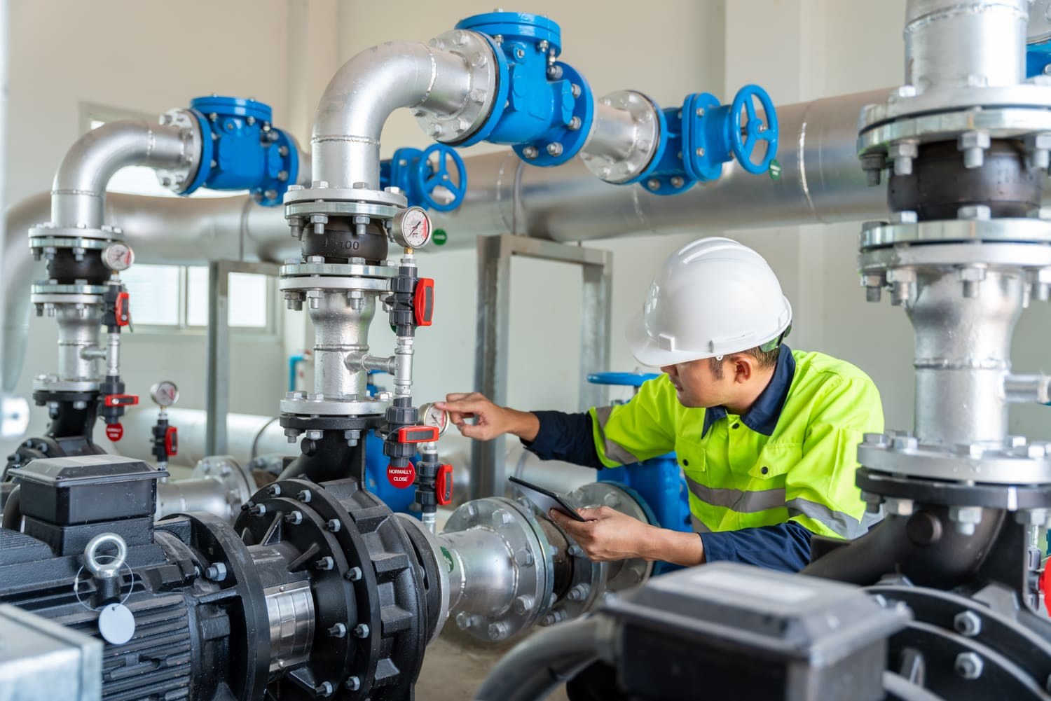 PlumTec technician inspecting pipework